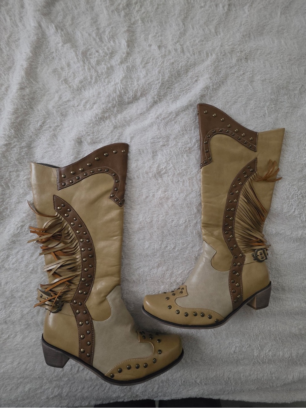 Fringed Studded Two-Tone Tan Western Boots
